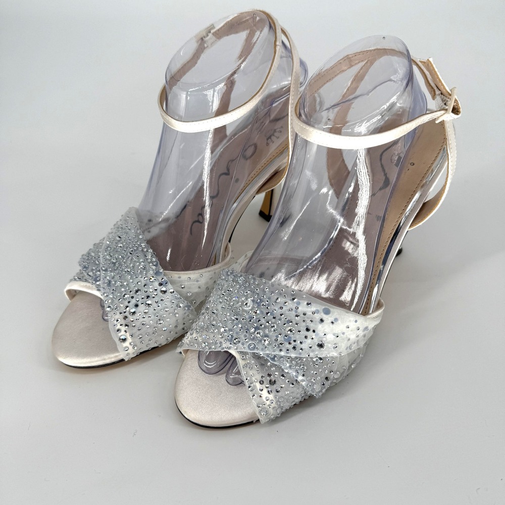 Nina Heeled Sandals Women 9.5M Ivory Rhinestone Satin Ankle Strap